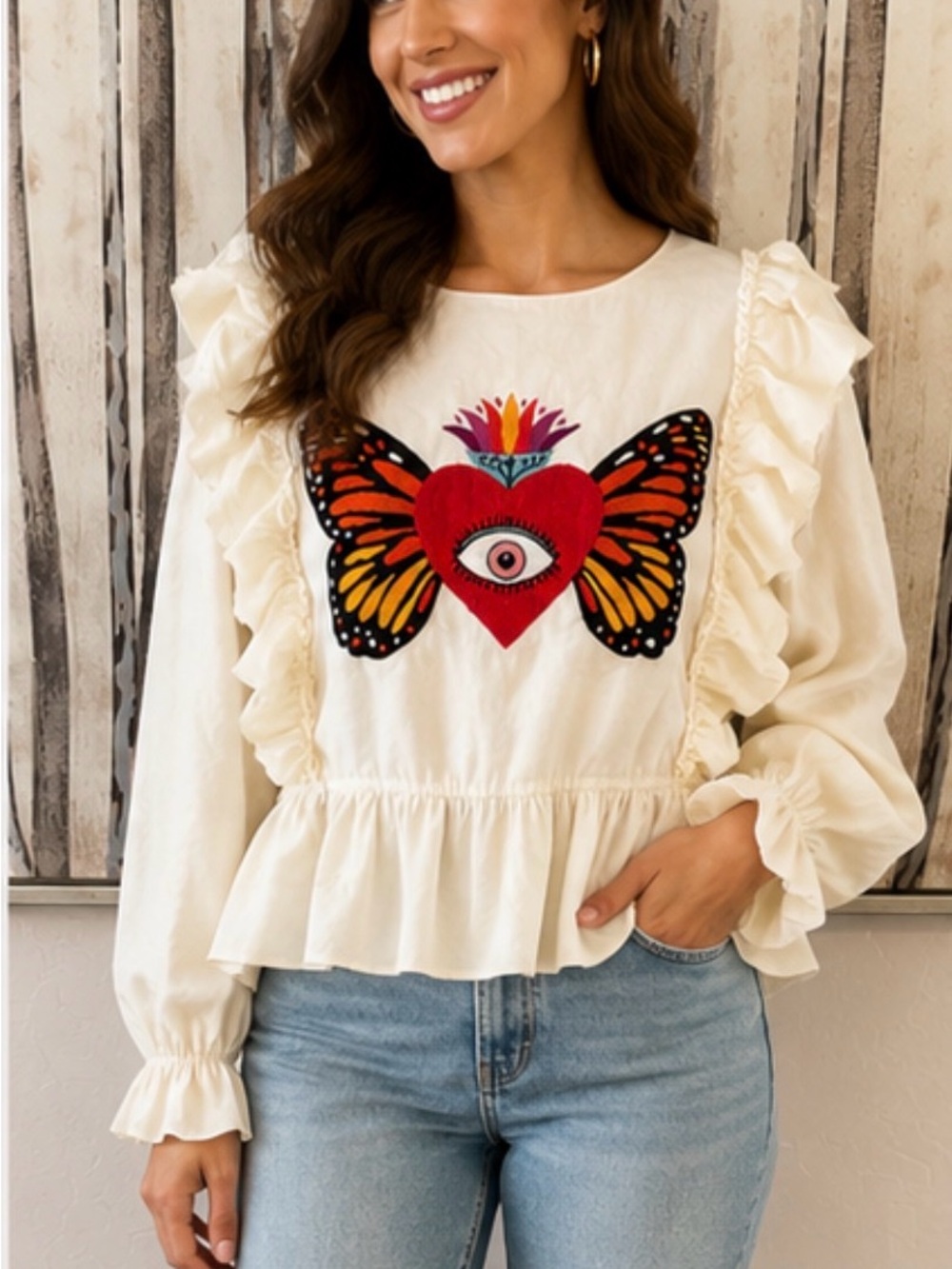 Handmade Mexican Cream Ruffled Peplum Top with Red Heart Butterfly Embroidery
